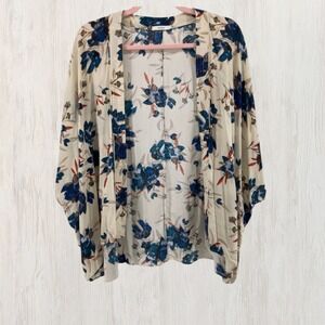 Aritzia Talula Floral Kimono Cardigan Women S Blue Ivory Open Front Duster Light